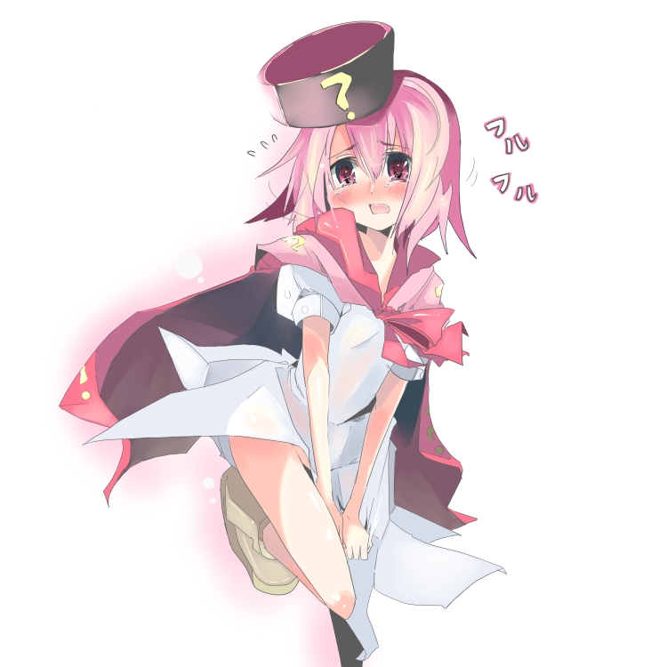 bare_legs benesse blush cape dress flying_sweatdrops full-face_blush full_body hatena_yousei kanikama looking_at_viewer no_panties pink_eyes pink_hair shoes solo standing white_dress