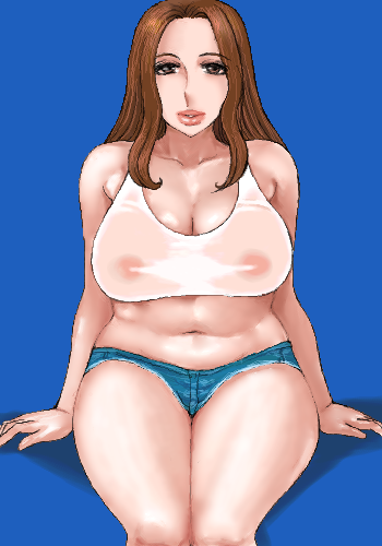 blue_background breasts brown_eyes brown_hair copyright_request curvy large_breasts lips long_hair lowres matoyama navel oekaki plump see-through solo