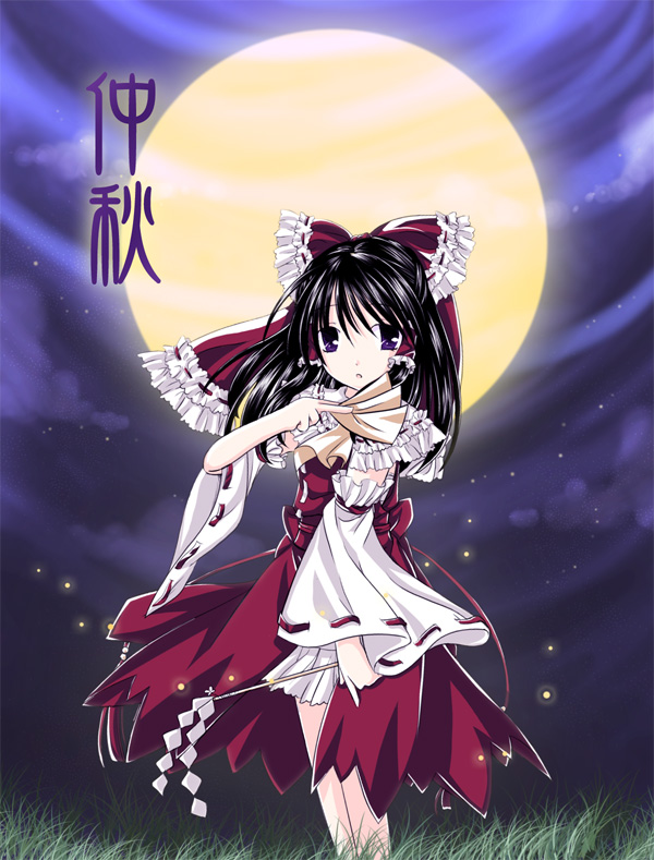 black_hair bow brown_eyes cloud detached_sleeves dress field full_body grass hair_bow hakurei_reimu long_sleeves looking_at_viewer moon night outdoors red_bow red_dress ribbon-trimmed_sleeves ribbon_trim solo standing touhou