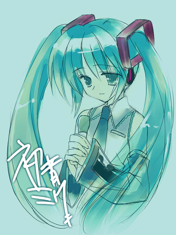 aqua_hair blue collared_shirt detached_sleeves grey_shirt hair_ornament hatsune_miku headphones holding interlocked_fingers long_hair looking_down microphone necktie rei_(rei's_room) shirt simple_background sketch solo twintails upper_body vocaloid