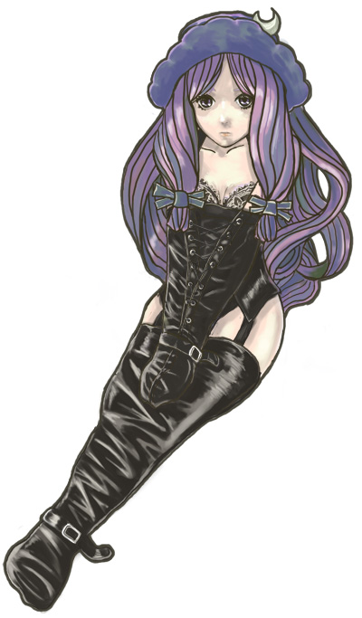 bdsm bondage bound bound_arms corset gaia leather long_hair monoglove pale_skin patchouli_knowledge purple_hair solo thighhighs touhou