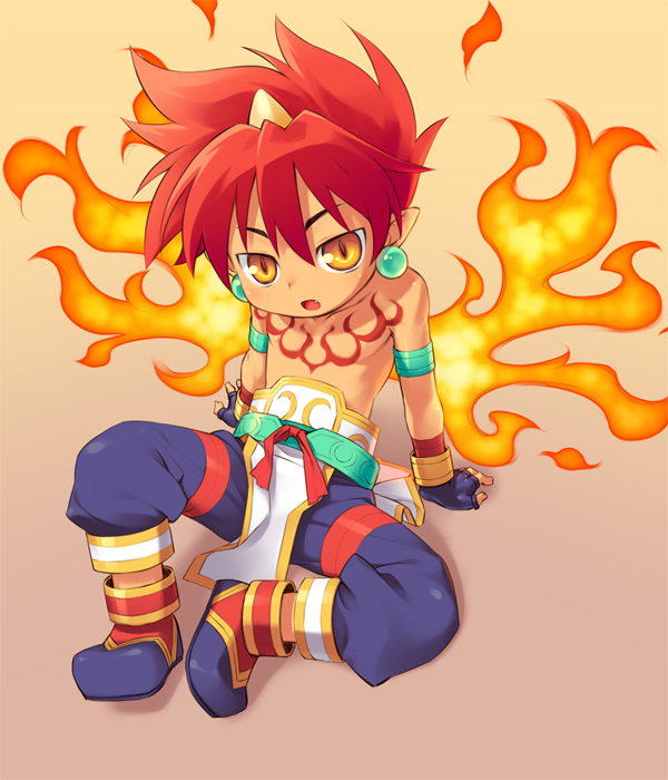 artist_request boots child earrings fang fingerless_gloves fire gloves horn jewelry male_focus pointy_ears red_hair rekka_(shinrabanshou) shinrabanshou shirtless sitting solo source_request tattoo yellow_eyes