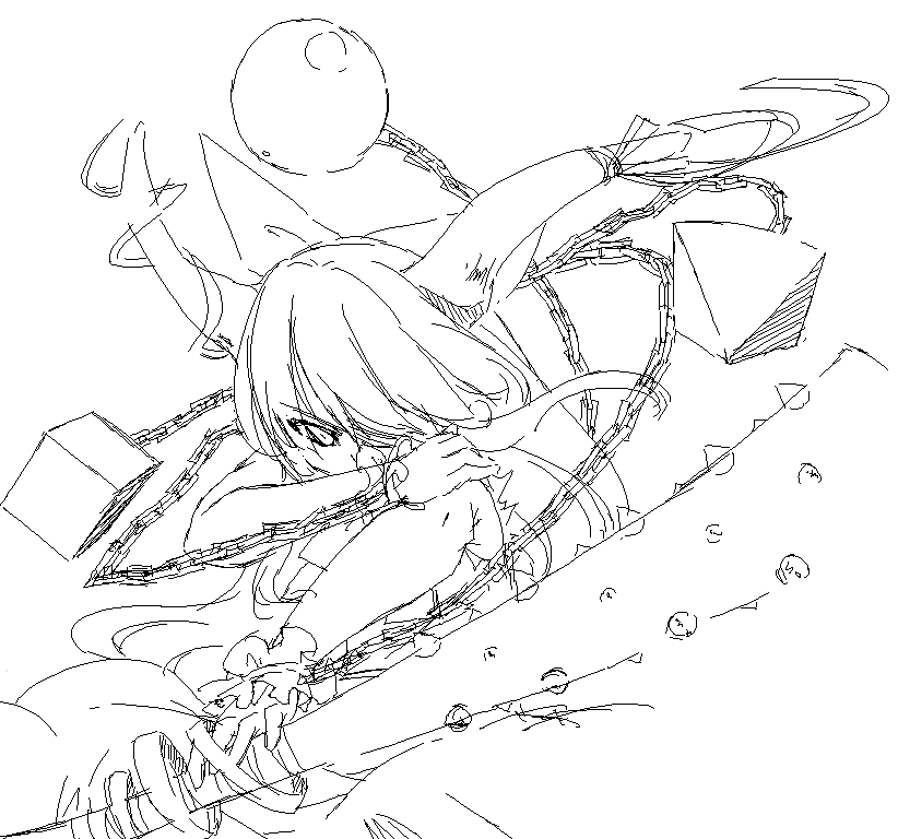 chain covered_mouth cuffs fighting_stance greyscale holding holding_weapon horns ibuki_suika looking_at_viewer monochrome oekaki one_eye_covered oni reverse_grip sakuraba_yuuki shackles simple_background solo touhou upper_body weapon white_background