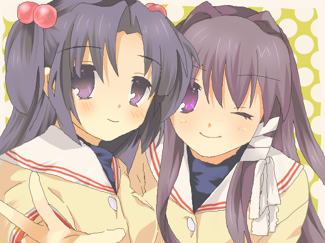 bad_id bad_pixiv_id clannad fujibayashi_kyou hair_bobbles hair_intakes hair_ornament hikarizaka_private_high_school_uniform ichinose_kotomi multiple_girls noise_(hakusen) one_eye_closed outstretched_hand school_uniform smile two_side_up