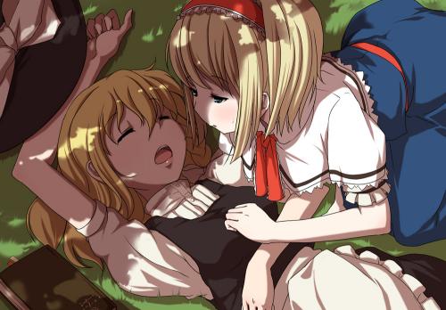 alice_margatroid blonde_hair kirisame_marisa lowres mishima_hiroji multiple_girls sleeping touhou