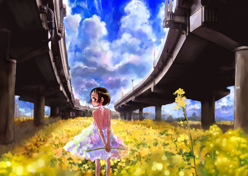 arms_behind_back backless_dress backless_outfit bare_arms bare_back black_eyes black_hair blush bridge cloud copyright_request day dress field flower from_behind halterneck looking_at_viewer looking_back outdoors rapeseed_blossoms sasahara_yuuki short_dress short_hair sky solo standing sundress white_dress