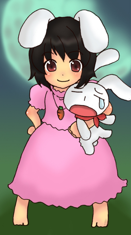 animal animal_ears aoi_tobira barefoot black_hair bunny bunny_ears carrot_necklace crossover full_body full_moon holding inaba_tewi legs_apart looking_at_viewer mesousa moon pani_poni_dash! puffy_short_sleeves puffy_sleeves red_eyes short_sleeves solo standing touhou