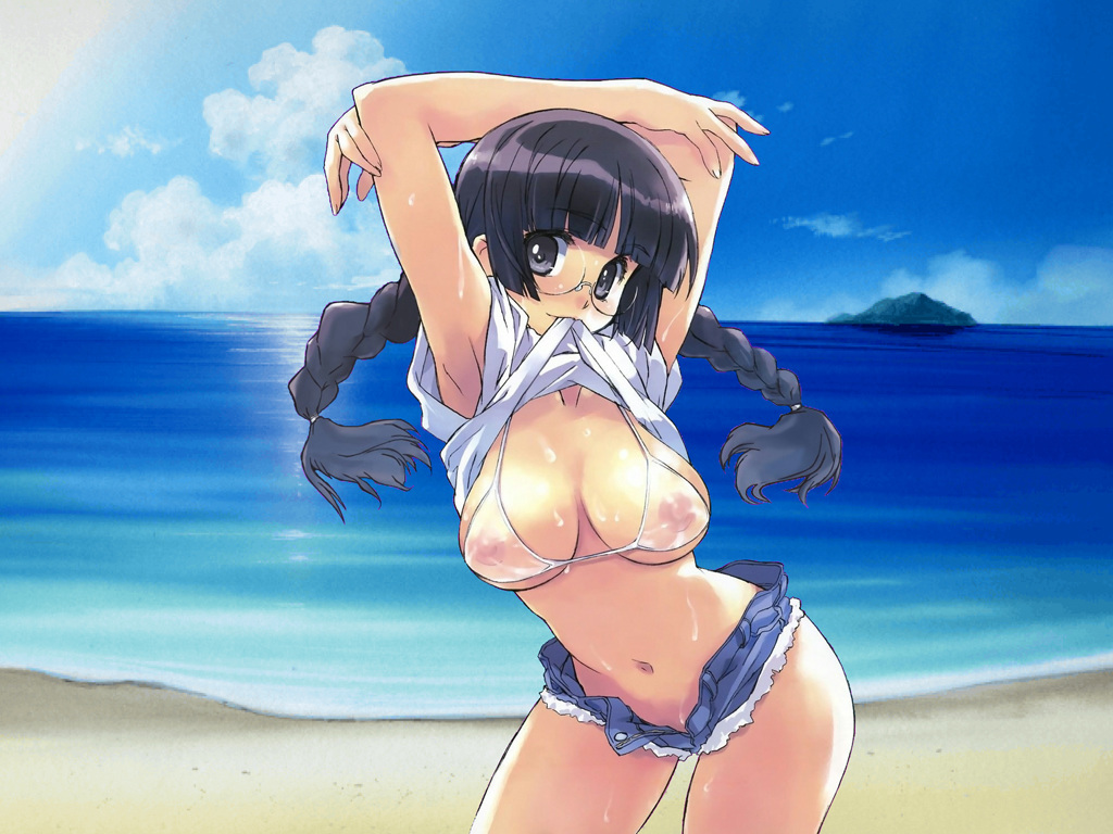 armpits beach bikini breasts copyright_request day glasses large_breasts matsumoto_noriyuki mouth_hold ocean open_fly outdoors see-through shirt_lift short_shorts shorts solo swimsuit twintails unzipped wallpaper