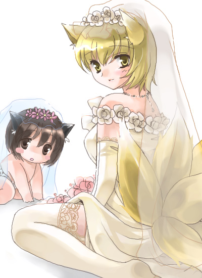 animal_ears blonde_hair blush_stickers bride brown_eyes brown_hair chen coco_(artist) diaper dress elbow_gloves flower fox_ears fox_tail gloves lace lace-trimmed_thighhighs multiple_girls multiple_tails sitting tail thighhighs touhou wariza wedding_dress yakumo_ran yellow_eyes younger