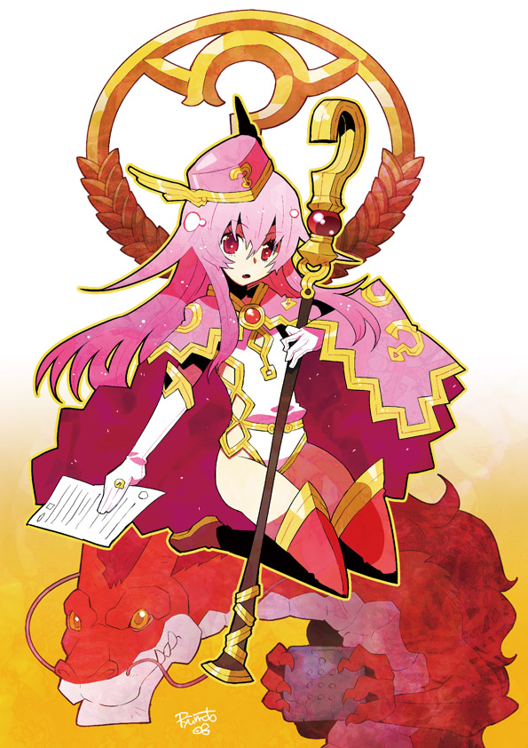 benesse cape flat_chest hamamoto_ryuusuke hat hatena_yousei pink_cape pink_hat solo staff thighhighs