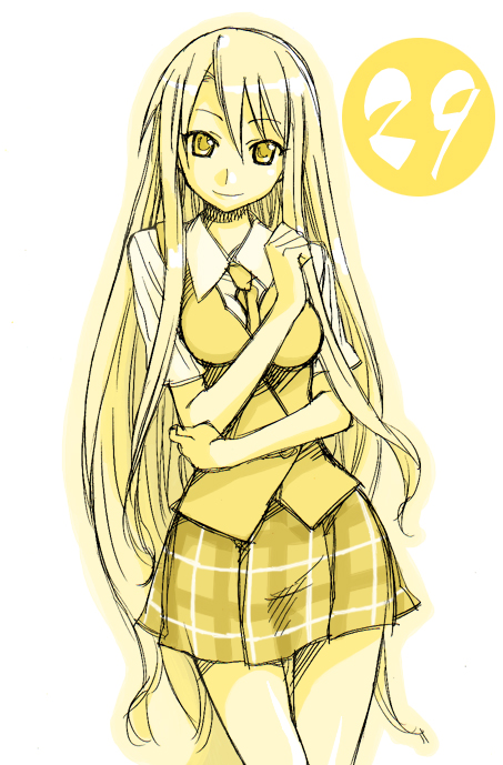 mahou_sensei_negima! mikami_komata monochrome numbered plaid plaid_skirt skirt solo yellow yukihiro_ayaka
