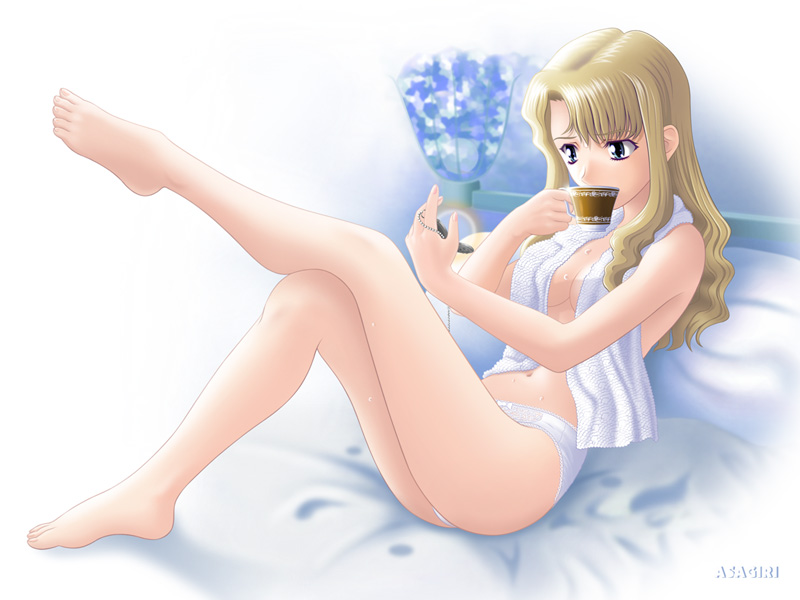 asagiri_(houri-ten) bed coffee mireille_bouquet noir panties solo towel underwear