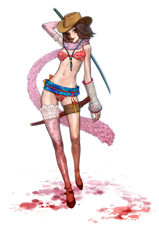 asymmetrical_clothes aya_(oneechanbara) bikini blood brown_eyes brown_hair cowboy_hat dattosan elbow_gloves feather_boa full_body gloves hat oneechanbara scarf sheath single_elbow_glove single_glove single_thighhigh solo standing swimsuit sword thigh_strap thighhighs weapon western