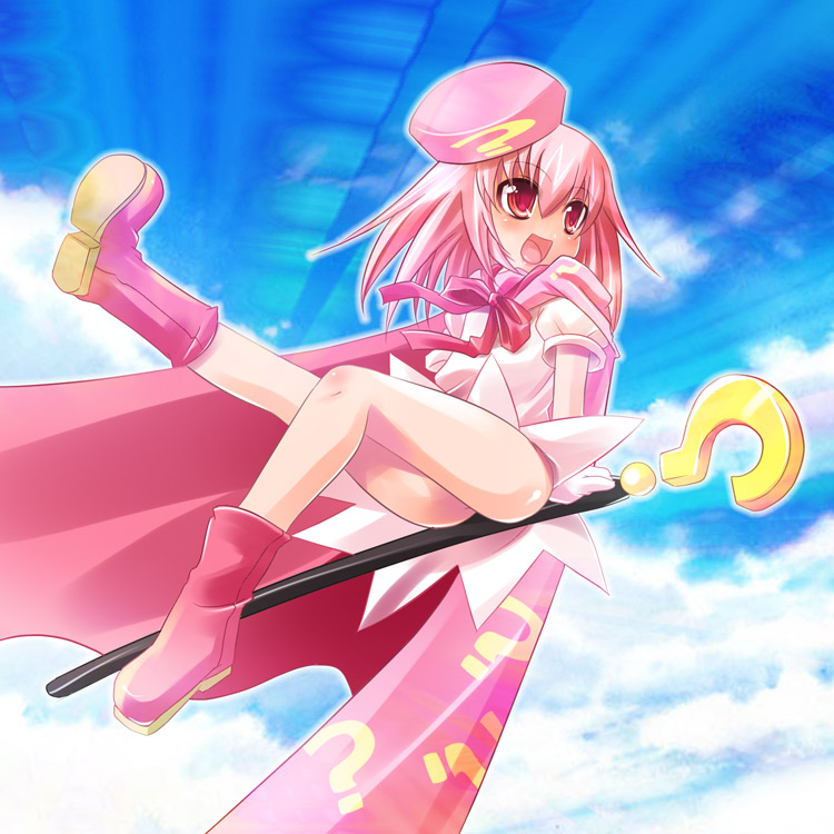 bad_id bad_pixiv_id benesse boots flying hat hatena_yousei maki_(seventh_heaven_maxion) pink_cape pink_eyes pink_footwear pink_hair pink_hat solo