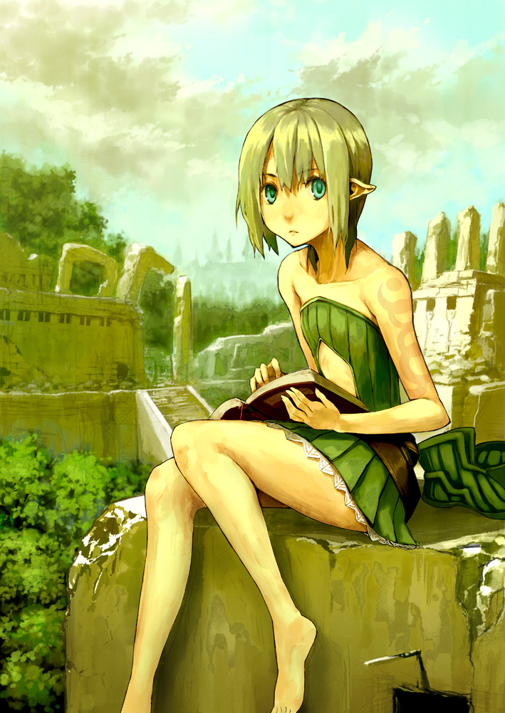 aqua_eyes bare_legs barefoot bodypaint book cloud day dress elf feet flat_chest green_hair houru looking_at_viewer nature original outdoors pointy_ears reading ruins scenery shoes_removed short_dress solo