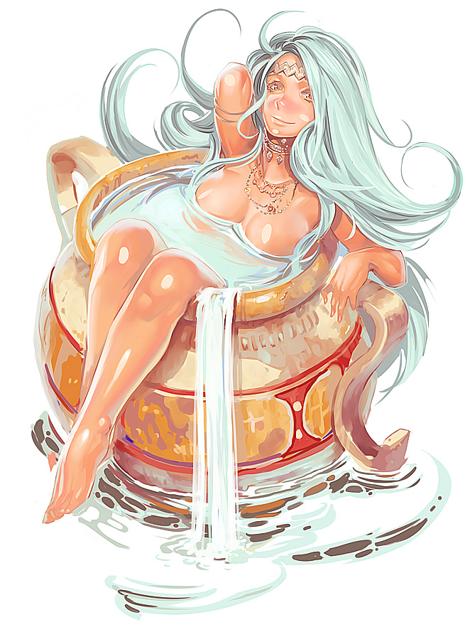 aquarius barefoot breasts cleavage feet green_hair hands jewelry kichin_yarou large_breasts legs long_hair necklace no_lineart nude original smile solo wet zodiac