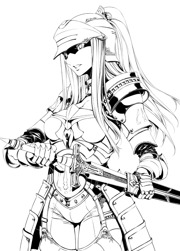 armor fantasy greyscale helm helmet long_hair mizuryuu_kei monochrome original ponytail solo sword weapon