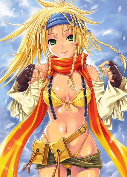 bikini blonde_hair blue_headband braid cropped detached_sleeves final_fantasy final_fantasy_x final_fantasy_x-2 gloves green_eyes headband revealing_clothes rikku scarf solo soyosoyo swimsuit