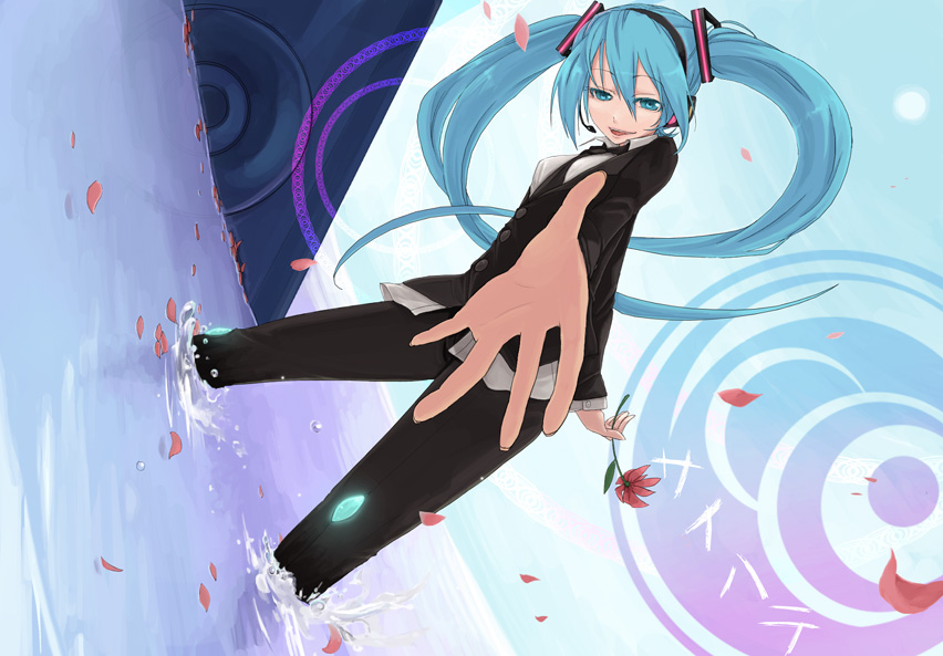 blue_eyes blue_hair flower foreshortening formal hands hatsune_miku kaida_michi long_hair outstretched_arm outstretched_hand pant_suit reaching saihate_(vocaloid) solo suit twintails vocaloid water