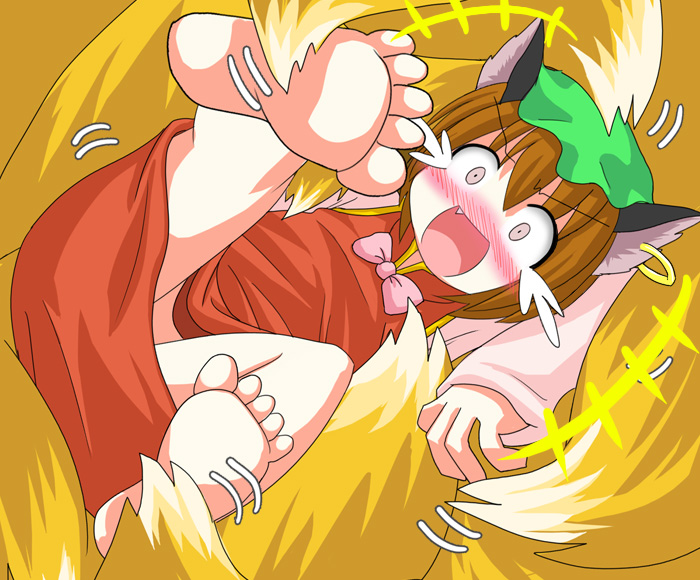 animal_ears barefoot blush brown_hair cat_ears cat_tail chen des earrings fang feet foot_tickling fox_tail jewelry multiple_tails open_mouth solo_focus tail tears tickle_torture tickling touhou yakumo_ran