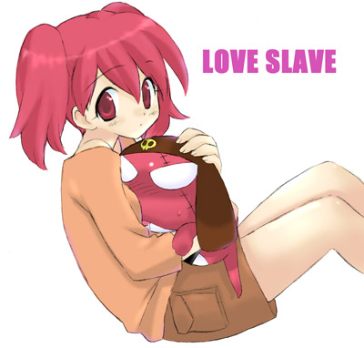artist_request bare_legs creature english giroro hinata_natsumi hug keroro_gunsou knees_up long_sleeves looking_at_viewer lowres red_eyes red_hair short_twintails shorts simple_background solo sweater text_focus twintails white_background