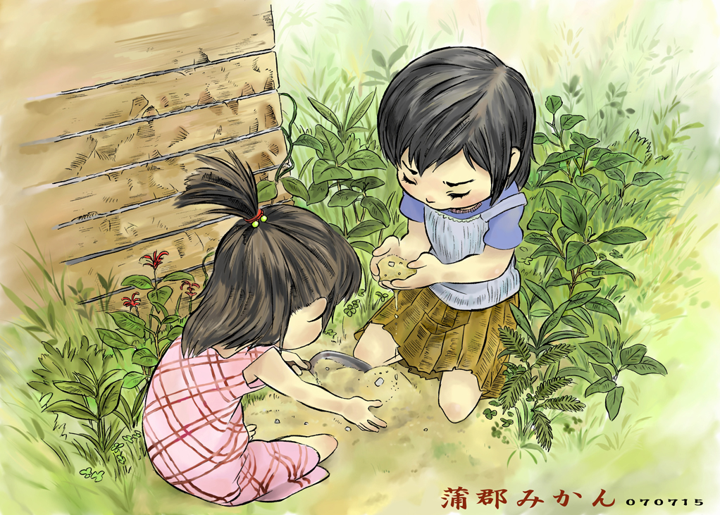 bad_id bad_pixiv_id bangs bare_arms barefoot black_hair blue_shirt camisole camisole_over_clothes child closed_eyes copyright_request cupping_hands dated day dirt dirty dress eyelashes facing_away from_above grass hair_tie half_updo holding kneeling medium_hair miniskirt multiple_girls nature on_ground outdoors outstretched_hand pink_dress plaid plaid_dress plant playing pleated_skirt sand shirt short_hair short_sleeves sitting skirt sleeveless sleeveless_dress strap_slip t-shirt tarao yellow_skirt