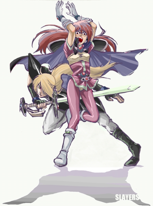 1girl boots cape gourry_gabriev knee_boots lina_inverse non-web_source slayers sword weapon