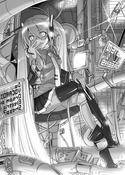 android caffein crossed_legs greyscale hatsune_miku long_hair monochrome robot sitting solo thighhighs very_long_hair vocaloid