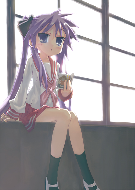 bad_id bad_pixiv_id book hiiragi_kagami lucky_star purple_hair ryouou_school_uniform saeki_nao school_uniform serafuku sitting solo