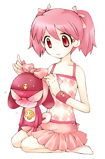 artist_request blush camisole collarbone creature expressionless full-face_blush giroro hinata_natsumi holding keroro_gunsou pink_hair pink_skirt pleated_skirt red_eyes red_hair seiza short_hair simple_background sitting skirt solo white_background