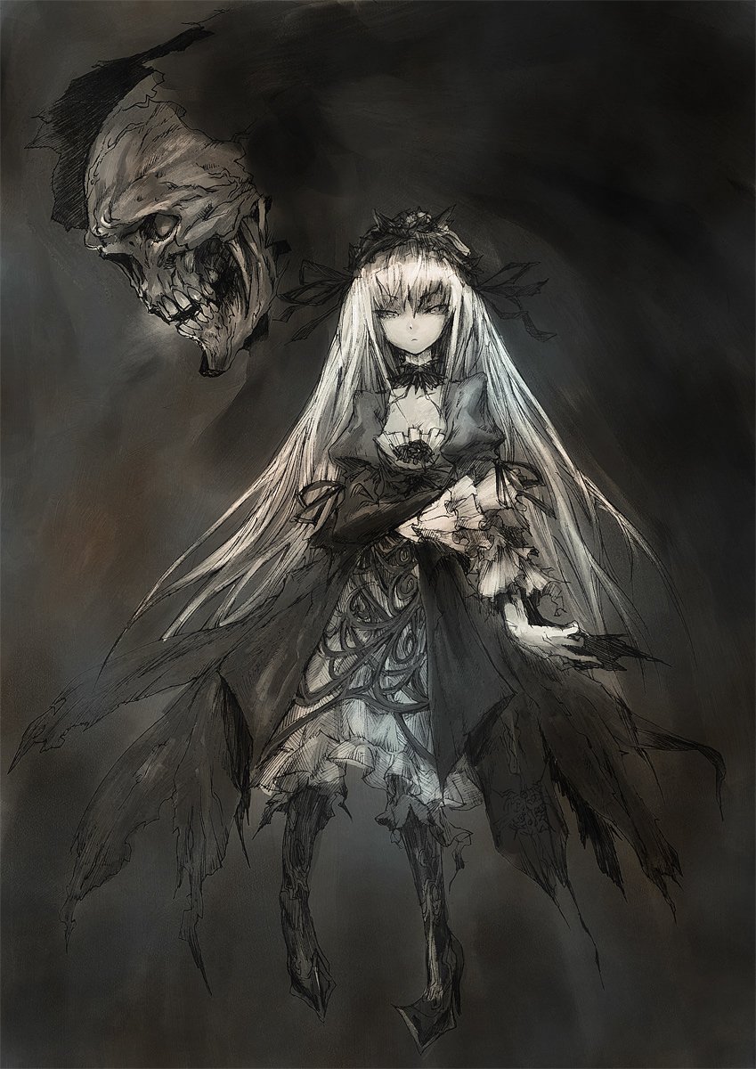 bad_id bad_pixiv_id breasts highres monochrome redjuice rozen_maiden small_breasts solo suigintou