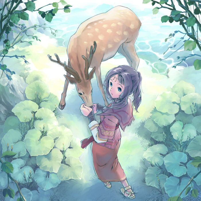 animal blue_eyes blue_hair brown_hair capelet closed_mouth deer expressionless feeding flower from_above green_eyes hair_intakes kurachi long_hair long_skirt looking_at_viewer looking_back nature original plant ponytail river sandals sash skirt solo tree