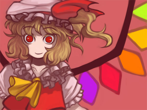 ascot blonde_hair crystal demon_wings flandre_scarlet frilled_shirt_collar frills hat looking_at_viewer mob_cap pale_skin red_eyes smile solo staring touhou upper_body wings
