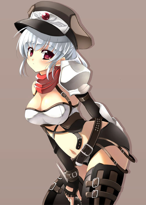 breasts cleavage fantasy_earth_zero hat large_breasts red_eyes silver_hair solo touya_(the-moon)