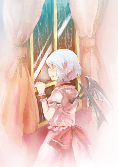 bow curtains hand_on_window indoors large_bow looking_out_window no_hat no_headwear pink_hair pointy_ears rain red_eyes remilia_scarlet short_hair solo takishima_asaka tears touhou window wings wrist_cuffs