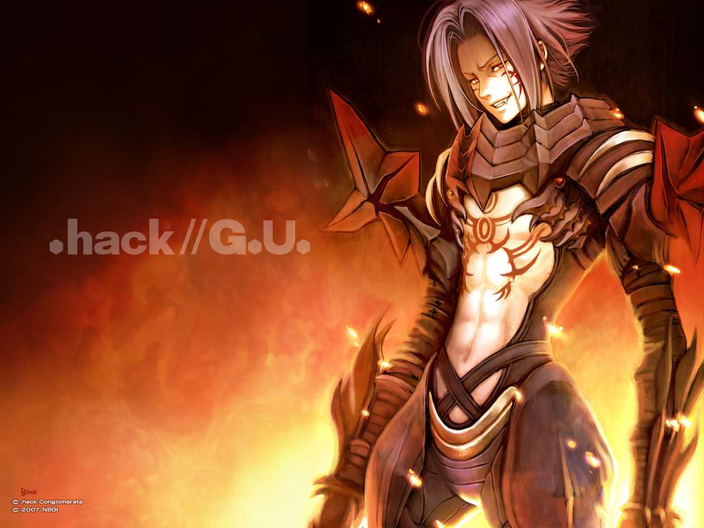 .hack//g.u. 1boy 2007 abs armor biwa_(illustrator) black_armor copyright_name fang fire grey_hair grin haseo_(.hack//) male_focus red_eyes smile solo tattoo wallpaper