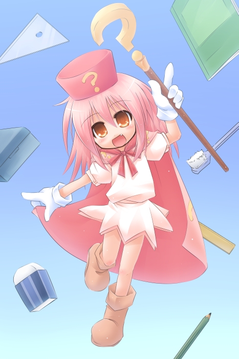 ? benesse cape eraser hat hatena_yousei kso pencil pink_cape pink_hair pink_hat solo staff toothbrush wooden_pencil