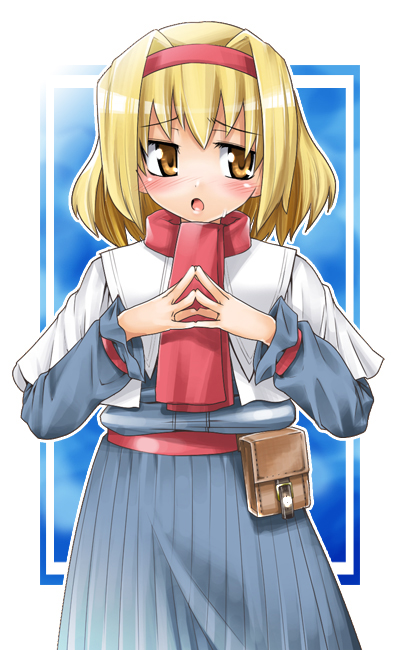 alice_margatroid belt belt_pouch blonde_hair blue_dress blush capelet cowboy_shot dress embarrassed frills gengorou hairband long_sleeves looking_away looking_to_the_side own_hands_together pocket pouch solo touhou yellow_eyes