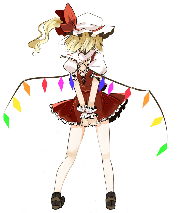 arms_behind_back backless_dress backless_outfit bare_legs crystal demon_wings dress flandre_scarlet frills from_behind full_body hat legs_apart loafers mob_cap own_hands_together puffy_short_sleeves puffy_sleeves red_dress shoes short_sleeves simple_background solo standing takaharu touhou v_arms white_background wings wrist_cuffs
