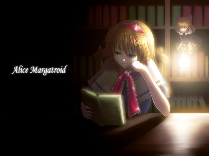 alice_margatroid backlighting blonde_hair blue_eyes book bookshelf capelet character_name chin_rest dark doll floating frills hairband holding hyuuga_azuri lamp open_book reading ribbon shadow shanghai_doll short_hair solo table touhou