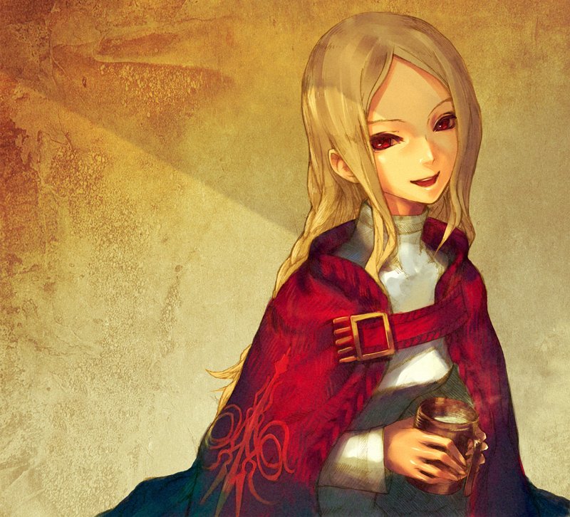 bad_id bad_pixiv_id blonde_hair cape final_fantasy final_fantasy_tactics ovelia_atkascha red_eyes redjuice smile solo