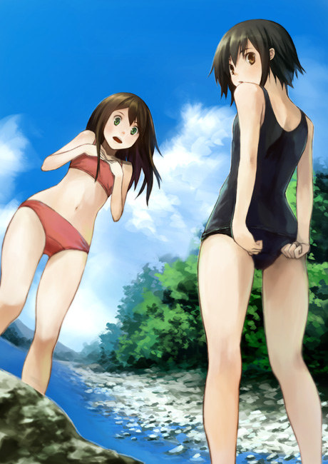 ass bikini brown_hair copyright_request day flat_chest houru lake looking_back multiple_girls nature one-piece_swimsuit school_swimsuit short_hair standing swimsuit