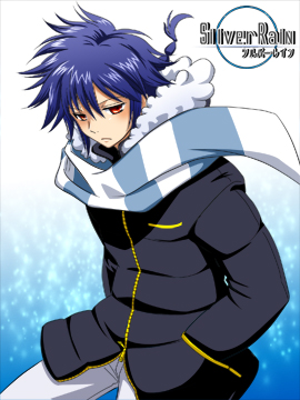 blue_hair hands_in_pockets lowres male_focus red_eyes scarf shishiyabukuro silver_rain solo striped striped_scarf