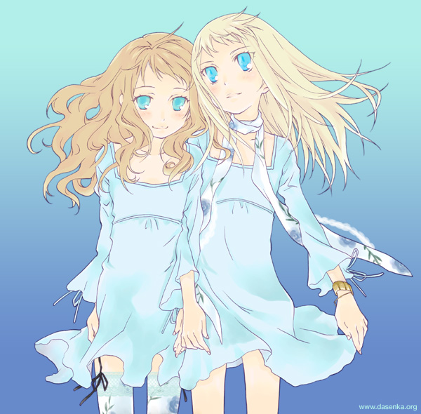 blonde_hair blue_eyes dress kurafuji_sachi multiple_girls original smile