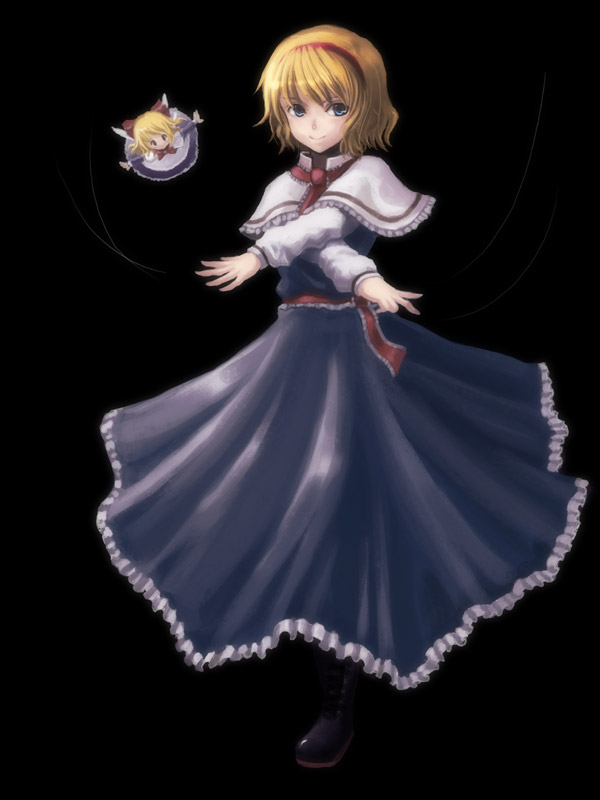 alice_margatroid apron belt black_background blonde_hair blue_eyes boots capelet closed_mouth doll expressionless flying frills full_body hyuuga_azuri knee_boots looking_at_viewer necktie red_neckwear short_hair simple_background siten solo standing touhou waist_apron white_capelet x_arms