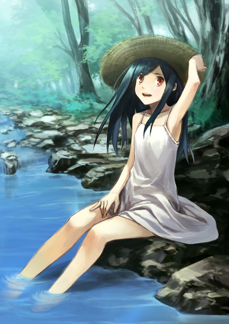 armpits chemise copyright_request dress flat_chest forest hat houru nature river sitting soaking_feet solo straw_hat water
