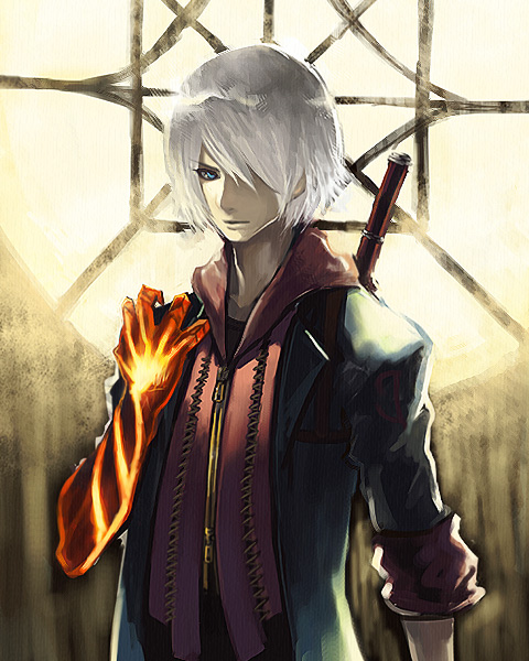 blue_eyes devil_bringer devil_may_cry devil_may_cry_4 elbow_gloves fire gloves hair_over_one_eye male_focus meme50 nero_(devil_may_cry) red_queen_(sword) solo white_hair