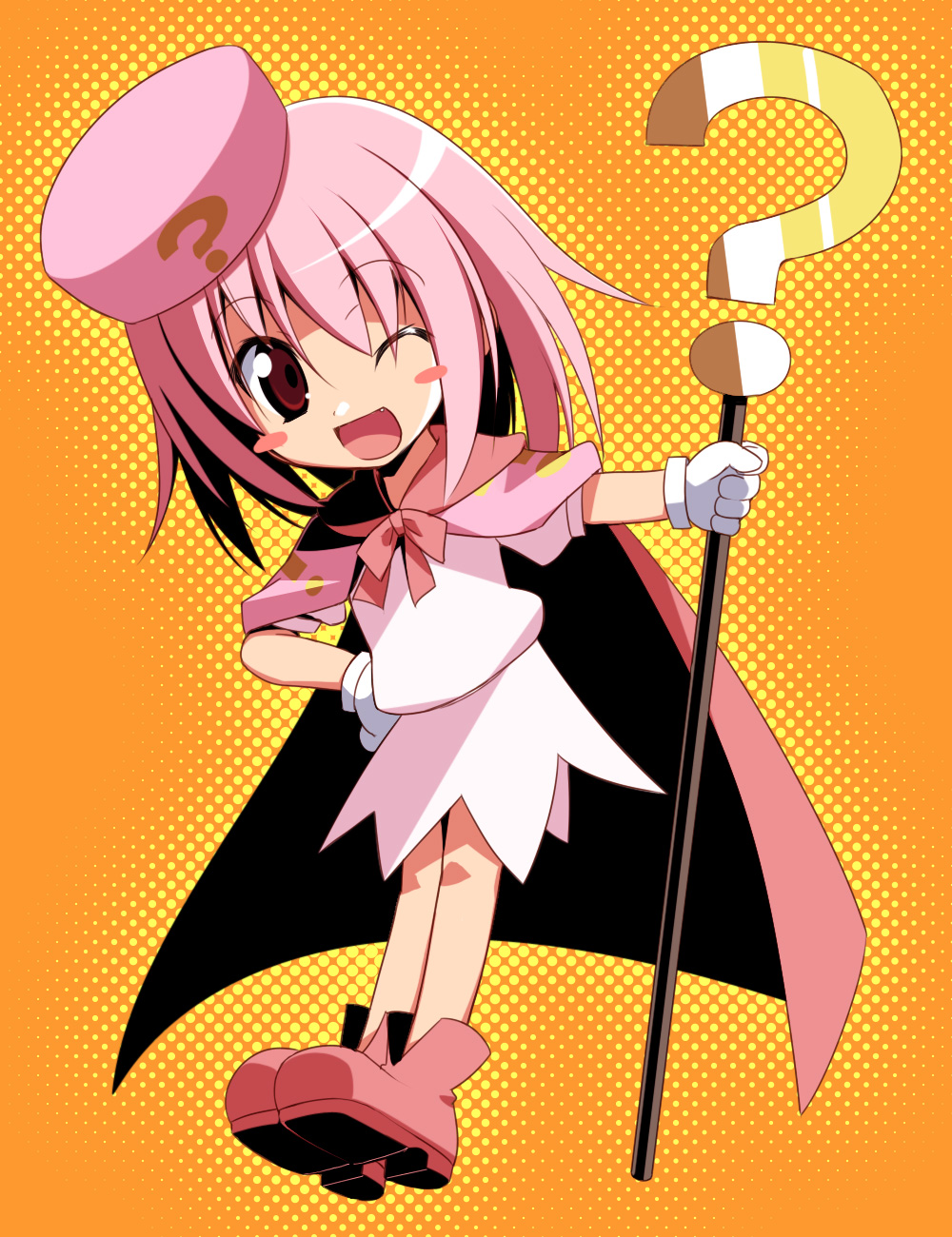 bad_id bad_pixiv_id benesse hat hatena_yousei highres hoppege one_eye_closed orange_background pink_cape pink_eyes pink_footwear pink_hair pink_hat shoes solo