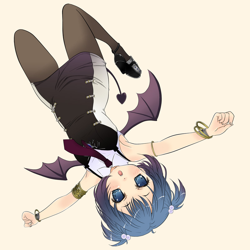 :o armlet bat_wings black_footwear black_legwear blue_eyes blue_hair bracelet buckle demon_tail dress full_body hair_bobbles hair_ornament high_heels jewelry mikazukimo necktie open_mouth original outstretched_arms pantyhose purple_neckwear shoes short_dress simple_background sleeveless solo spread_arms strappy_heels tail twintails upside-down wing_collar wings
