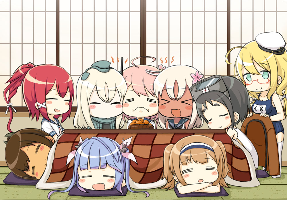 &gt;_&lt; 6+girls =_= ahoge black_hair blonde_hair blue_eyes blue_hair breasts brown_hair chibi cropped_jacket diving_mask_on_head dual_persona engiyoshi eyes_closed fang flower food fruit garrison_cap hair_flower hair_ornament hair_ribbon hairband hat i-168_(kantai_collection) i-19_(kantai_collection) i-26_(kantai_collection) i-401_(kantai_collection) i-58_(kantai_collection) i-8_(kantai_collection) indoors kantai_collection kotatsu large_breasts light_brown_hair long_hair lying mandarin_orange maru-yu_(kantai_collection) multiple_girls name_tag neckerchief on_stomach open_mouth peaked_cap pink_hair ponytail red_hair ribbon ro-500_(kantai_collection) school_swimsuit school_uniform serafuku short_hair short_sleeves shouji sidelocks sleeping sliding_doors swimsuit swimsuit_under_clothes table tan thighhighs time_paradox tri_tails two-tone_hairband two_side_up u-511_(kantai_collection) white_legwear white_school_swimsuit white_swimsuit